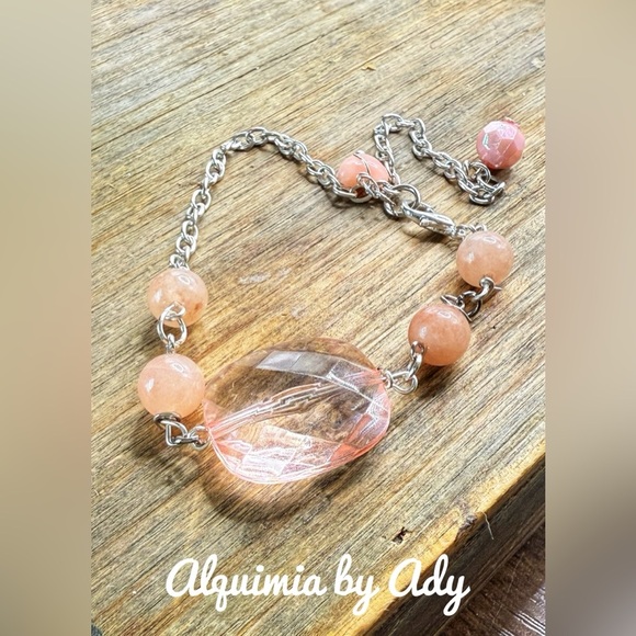 Peach Moonstone beaded bracelet Libra/cancer/rosary silver chain adjustable - Picture 1 of 5